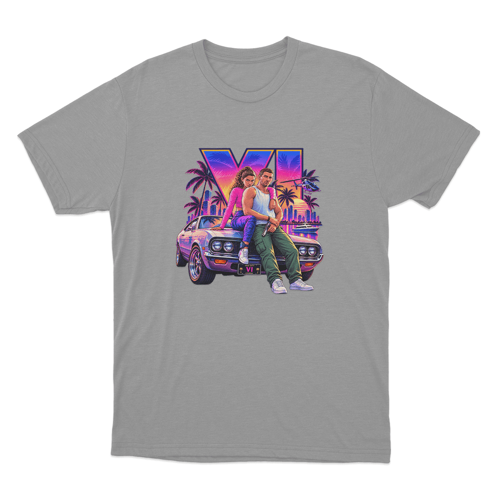 GTA VI Vice City Sunset Adventure Unisex T Shirt Grey GTA VI Vice City Sunset Adventure Unisex T Shirt Grey