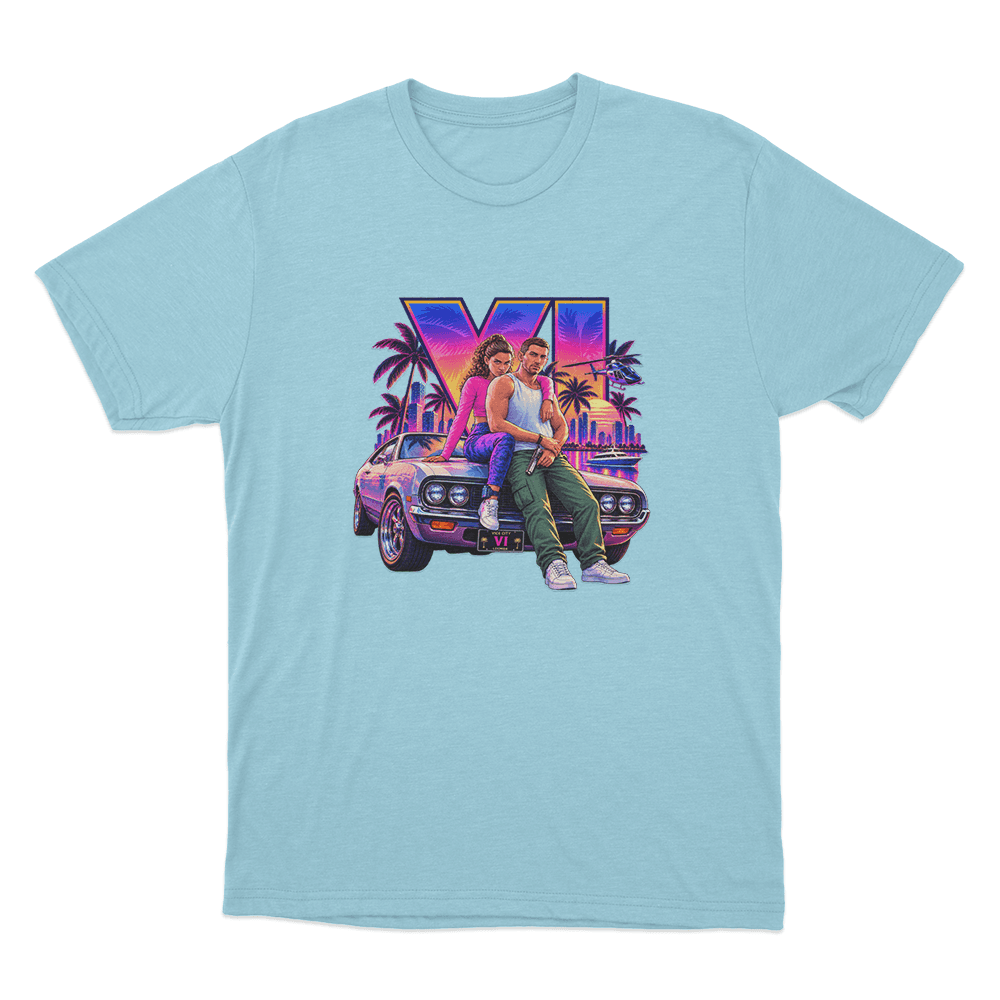 GTA VI Vice City Sunset Adventure Unisex T Shirt Sky Blue GTA VI Vice City Sunset Adventure Unisex T Shirt Sky Blue