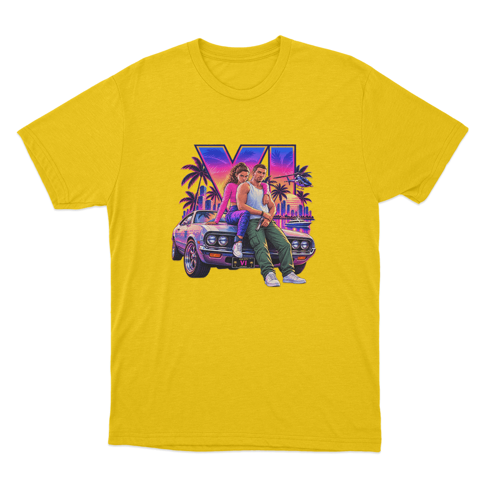 GTA VI Vice City Sunset Adventure Unisex T Shirt Yellow GTA VI Vice City Sunset Adventure Unisex T Shirt Yellow