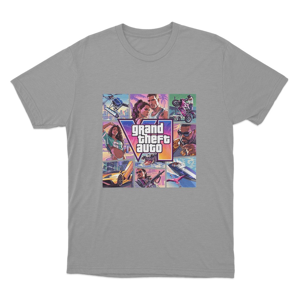 Grand Theft Auto VI Vice City Collage Unisex T Shirt Grey Grand Theft Auto VI Vice City Collage Unisex T Shirt Grey