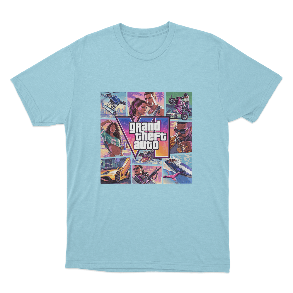 Grand Theft Auto VI Vice City Collage Unisex T Shirt Sky Blue Grand Theft Auto VI Vice City Collage Unisex T Shirt Sky Blue