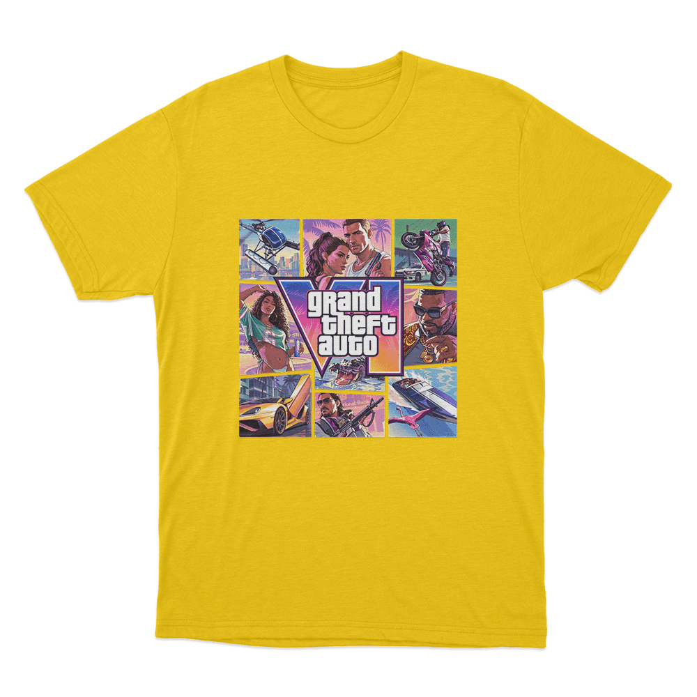 Grand Theft Auto VI Vice City Collage Unisex T Shirt Yellow Grand Theft Auto VI Vice City Collage Unisex T Shirt Yellow